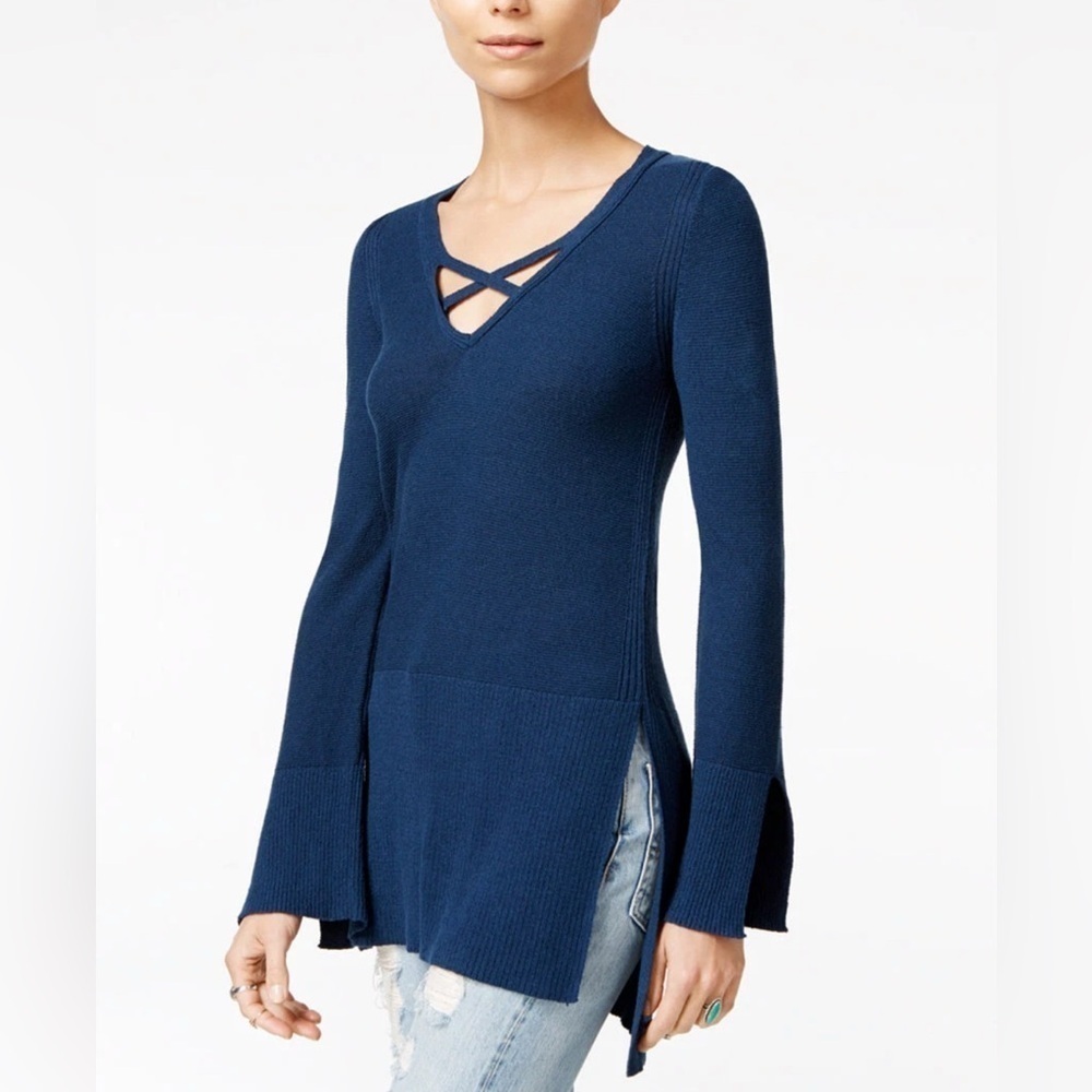 Free People Navy Blue Knit Crisscross Hi-Lo V-Neck Tunic Sweater Womens Sz XS